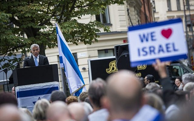 Israeli politician Yair Lapid addresses the crowed during a 'Taking Back Zionism' demonstration for Israel on August 28, 2016 at the Raoul Wallenberg Square in Stockholm. (AFP/Jonathan Nackstrand) Israeli politician Yair Lapid addresses the crowed during a 'Taking Back Zionism' demonstration for Israel on August 28, 2016 at the Raoul Wallenberg Square in Stockholm. (AFP/Jonathan Nackstrand)