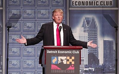 Republican presidential candidate Donald Trump delivers an economic policy address detailing his economic plan at the Detroit Economic Club August 8, 2016 in Detroit Michigan. (Bill Pugliano/Getty Images/AFP)