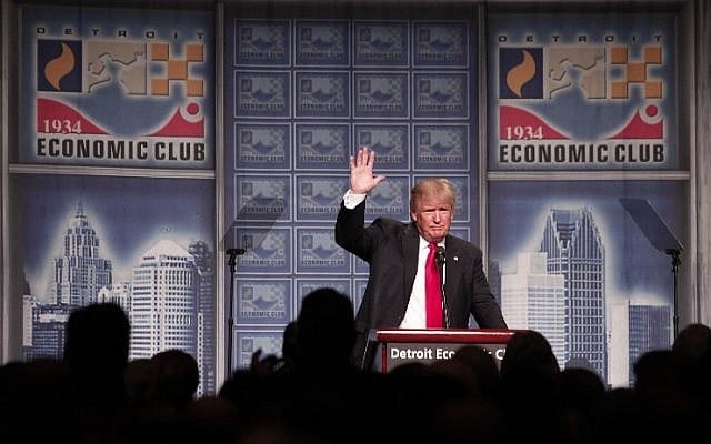 Republican presidential candidate Donald Trump delivers a policy address detailing his economic plan at the Detroit Economic Club in Detroit Michigan, August 8, 2016. (Bill Pugliano/Getty Images/AFP) Republican presidential candidate Donald Trump delivers a policy address detailing his economic plan at the Detroit Economic Club in Detroit Michigan, August 8, 2016. (Bill Pugliano/Getty Images/AFP)