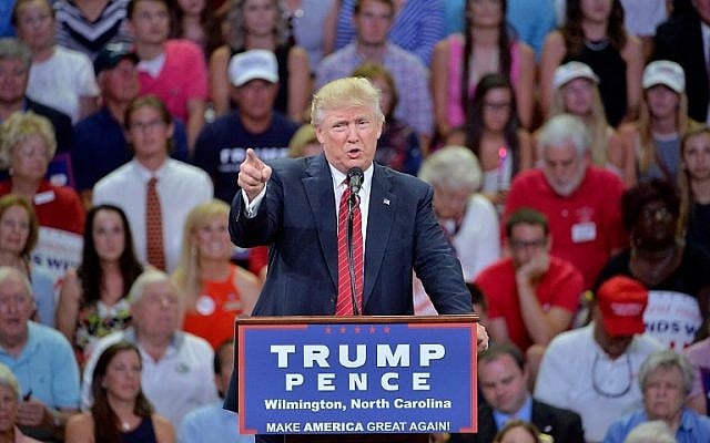 Republican presidential candidate Donald Trump addresses the audience during a campaign event at Trask Coliseum on August 9, 2016 in Wilmington, North Carolina. (Sara D. Davis/Getty Images/AFP)
