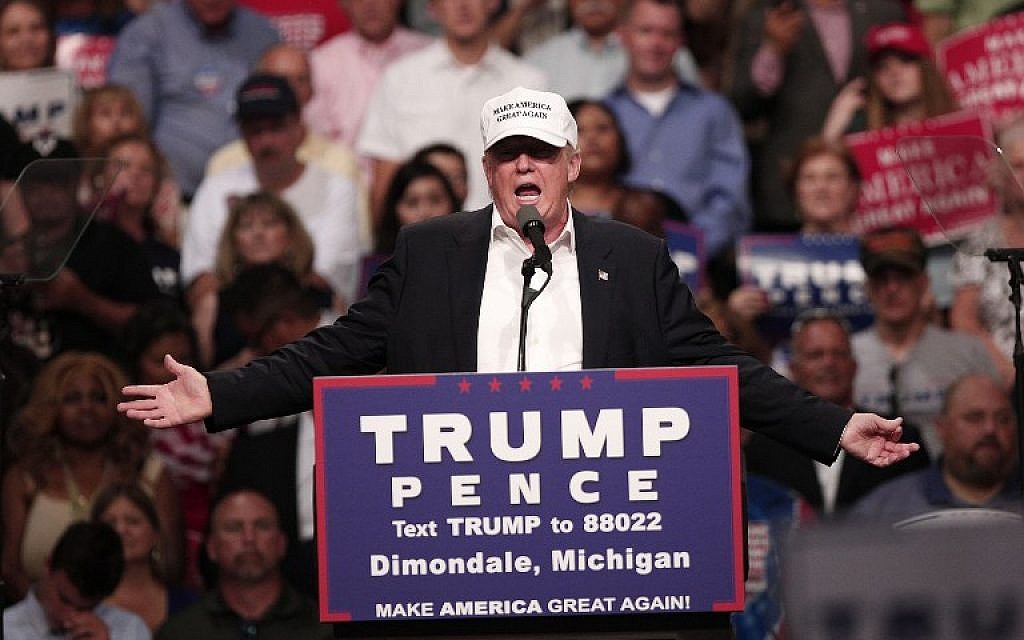 Republican presidential nominee Donald Trump speaks at a campaign rally in Dimondale, Michigan on August 19, 2016. (Bill Pugliano/Getty Images/AFP) Republican presidential nominee Donald Trump speaks at a campaign rally in Dimondale, Michigan on August 19, 2016. (Bill Pugliano/Getty Images/AFP)