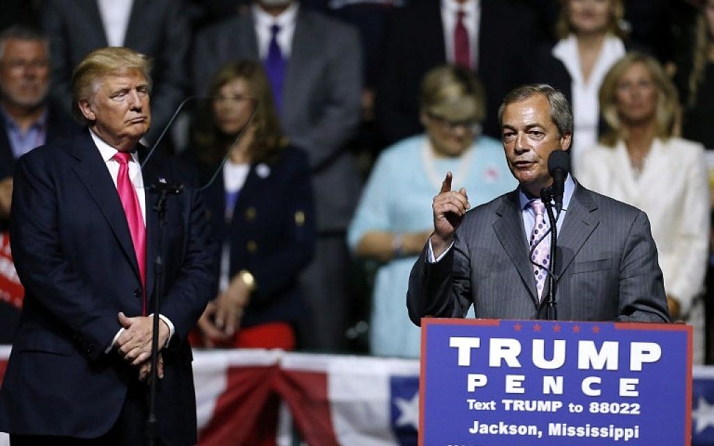 Republican Presidential nominee Donald Trump, left, listens to United Kingdom Independence Party leader Nigel Farage speak during a campaign rally at the Mississippi Coliseum, Jackson, Mississippi, August 24, 2016. (Jonathan Bachman/Getty Images/AFP) Republican Presidential nominee Donald Trump, left, listens to United Kingdom Independence Party leader Nigel Farage speak during a campaign rally at the Mississippi Coliseum, Jackson, Mississippi, August 24, 2016. (Jonathan Bachman/Getty Images/AFP)