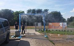 Mist sprinklers at Auschwitz-Birkenau, August 2016 (Rafi Ostroff, via Facebook)