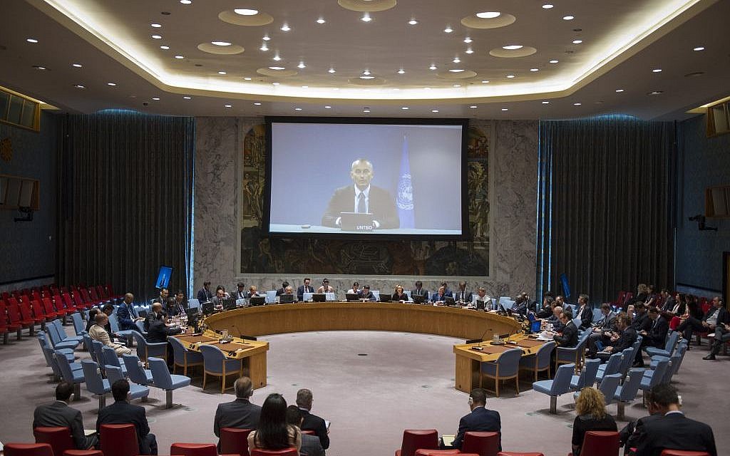 Nockolay Mladenov addressing the UN Security Council by videoconference on August 29, 2016. (UN/Rick Bajornas)