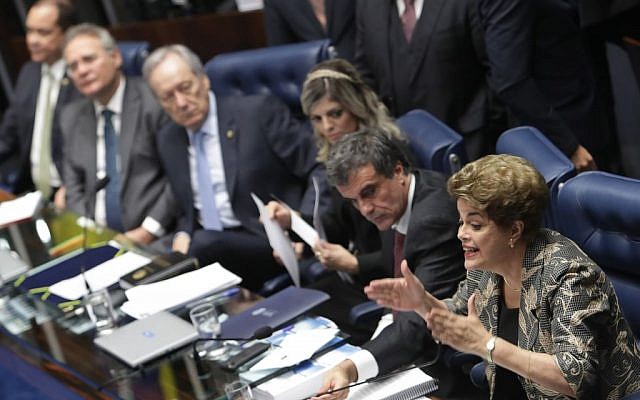 Brazil's suspended President Dilma Rousseff speaks at her own impeachment trial, in Brasilia, Brazil, August 29, 2016. (AP Photo/Eraldo Peres)