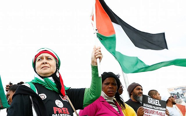 Illustrative: Pro-Palestinian protesters supporting the Boycott Divestment and Sanctions (BDS) campaign against Israel on September 21, 2015 in Cape Town, South Africa (Michelly Rall/Getty Images via JTA) Illustrative: Pro-Palestinian protesters supporting the Boycott Divestment and Sanctions (BDS) campaign against Israel on September 21, 2015 in Cape Town, South Africa (Michelly Rall/Getty Images via JTA)