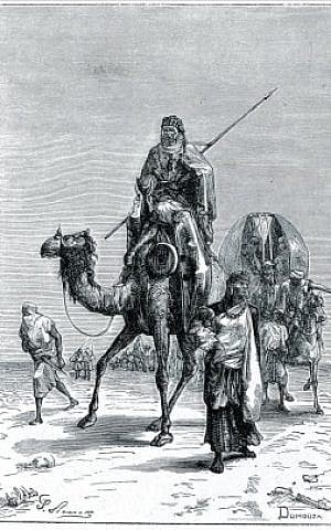 Benjamin of Tudela in the Sahara , in the XIIth century (Engraving by Dumouza, XIXst century) Benjamin of Tudela in the Sahara , in the XIIth century, as shown in an engraving by Dumouza (Public domain, via Wikimedia Commons)