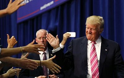 Republican presidential candidate Donald Trump arrives to speak at a campaign rally in Fredericksburg, Va., Saturday, August 20, 2016. (AP/Gerald Herbert)