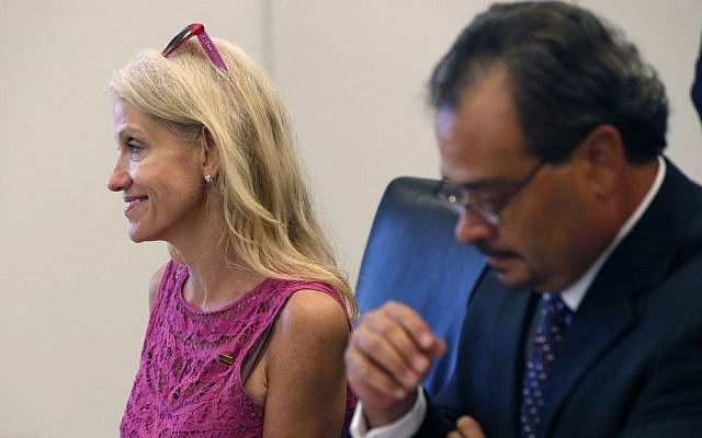 Kellyanne Conway, left, campaign manager for Republican presidential candidate Donald Trump, attends his Hispanic advisory roundtable meeting in New York, Saturday, August 20, 2016. (AP /Gerald Herbert)