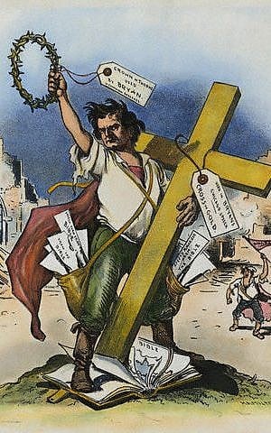 American cartoon by Grant Hamilton printed in 'Judge' Magazine in 1896 on William Jennings Bryan's 'Cross of Gold' speech at the Democratic National Convention in Chicago, which won Bryan the presidential nomination. (public domain via wikipedia)