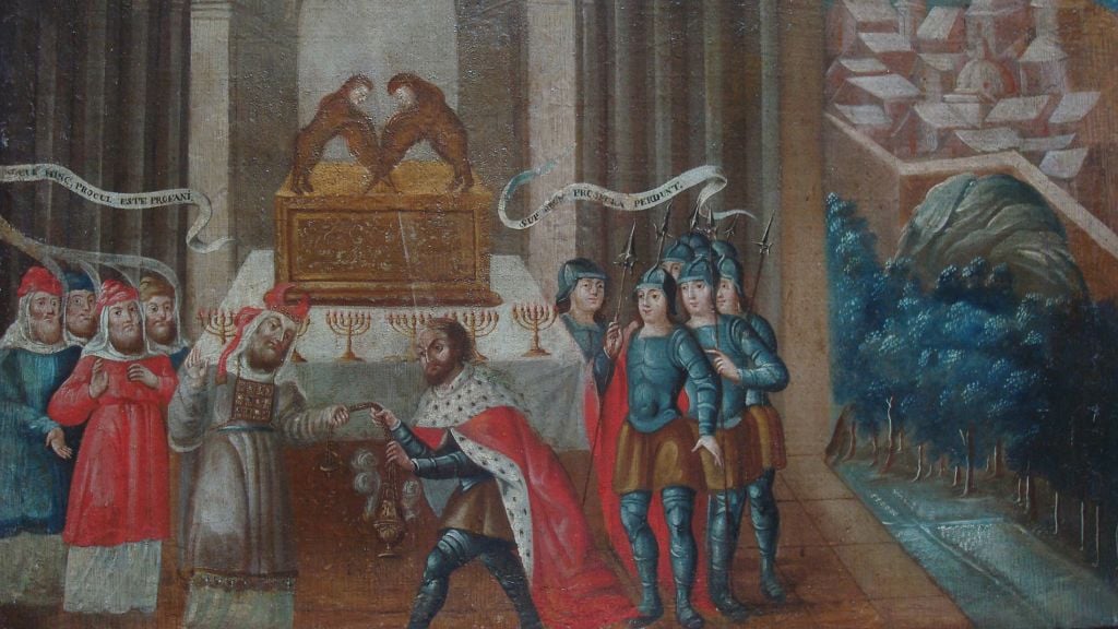 David and the Priest Ahimelech; Mexico, early eighteenth century; This piece by an unidentified artist is notable for its combination of the Arc of the Covenant, a menorah, and the respectful depiction of a Jewish priest. (Courtesy / The New Mexico History Museum) David and the Priest Ahimelech; Mexico, early eighteenth century; This piece by an unidentified artist is notable for its combination of the Arc of the Covenant, a menorah, and the respectful depiction of a Jewish priest. (Courtesy/ The New Mexico History Museum)