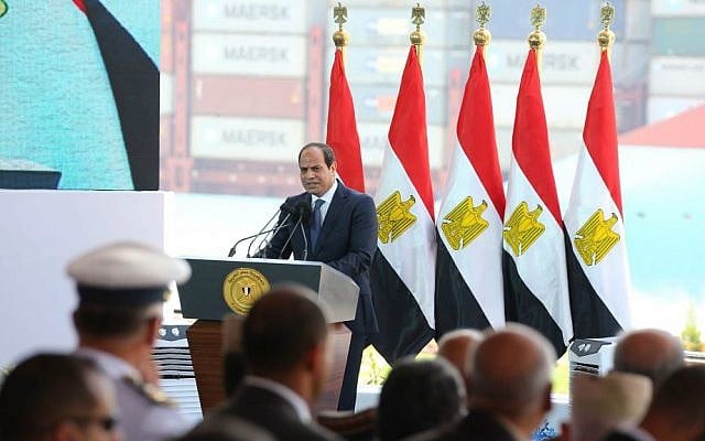 Egyptian President Abdel-Fattah el-Sissi marks the first anniversary of the inauguration of an expansion of the Suez Canal, in Suez, Egypt, Saturday, August 6, 2016. (MENA, Egypt's state news agency, via AP) Egyptian President Abdel-Fattah el-Sissi marks the first anniversary of the inauguration of an expansion of the Suez Canal, in Suez, Egypt, Saturday, August 6, 2016. (MENA, Egypt's state news agency, via AP)