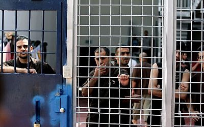 Security prisoners in the Ofer Prison facility near Ramallah, August 20, 2008. (Moshe Shai/Flash90)