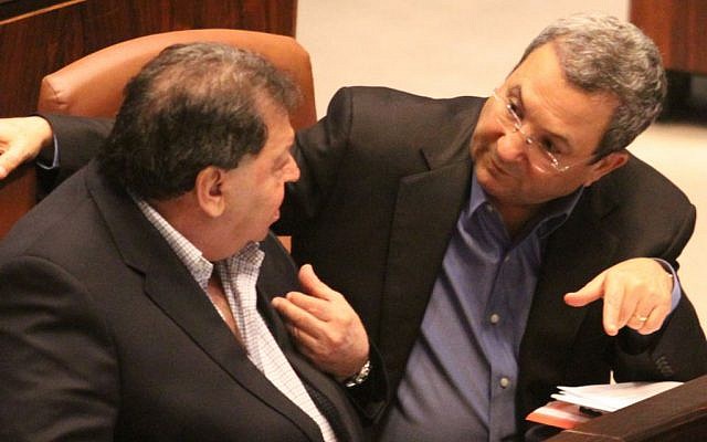Then-defense minister Ehud Barak and Binyamin Ben Eliezer, who was minister of industry, trade and labor, at the Knesset on July 7, 2010. (Photo by Issac Harari/Flash90) Then-defense minister Ehud Barak and Binyamin Ben Eliezer, who was minister of industry, trade and labor, at the Knesset on July 7, 2010. (Photo by Issac Harari/Flash90)