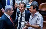 In this undated photo, Prime Minister Benjamin Netanyahu (L) speaks with Leader of the Zionist Union party Isaac Herzog (C) and Leader of the Joint (Arab) List, Ayman Odeh in the Knesset. (Yonatan Sindel/Flash90)