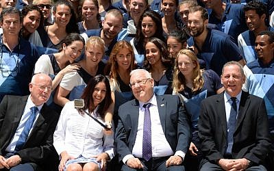 Israeli President Reuven Rivlin hosts the Israeli delegation to the 2016 Olympics in Rio, at the President's Residence in Jerusalem, on July 13, 2016.(Mark Neyman/GPO).