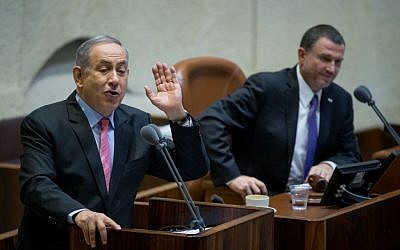 Prime Minister Benjamin Netanyahu speaks at Knesset for a special session marking the day of Zeev Jabotinsky's death on August 3, 2016. (Yonatan Sindel/Flash90)