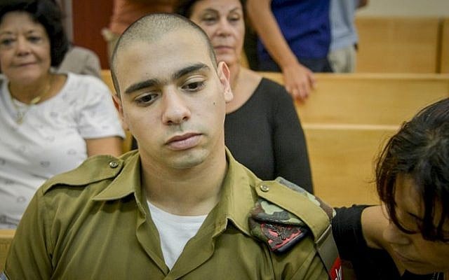 Elior Azaria seen during a court hearing at a military court in Jaffa, August 30, 2016. (Miriam Alster/Flash90)