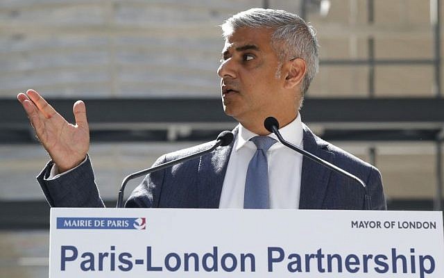 London mayor Sadiq Khan speaks at the Halle Freyssinet, a future digital business incubator, in Paris, August 25 2016. (AP Photo/Michel Euler)