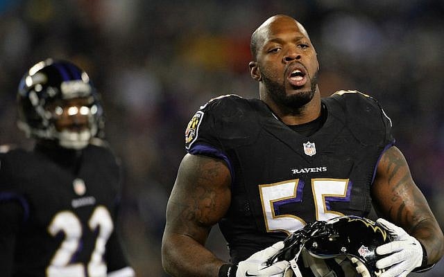 File: Linebacker Terrell Suggs of the Baltimore Ravens, seen playing in a game against the Pittsburgh Steelers at M&T Bank Stadium in Baltimore, Maryland, Nov. 28, 2013. (Patrick Smith/Getty Images via JTA) File: Linebacker Terrell Suggs of the Baltimore Ravens, seen playing in a game against the Pittsburgh Steelers at M&T Bank Stadium in Baltimore, Maryland, Nov. 28, 2013. (Patrick Smith/Getty Images via JTA)