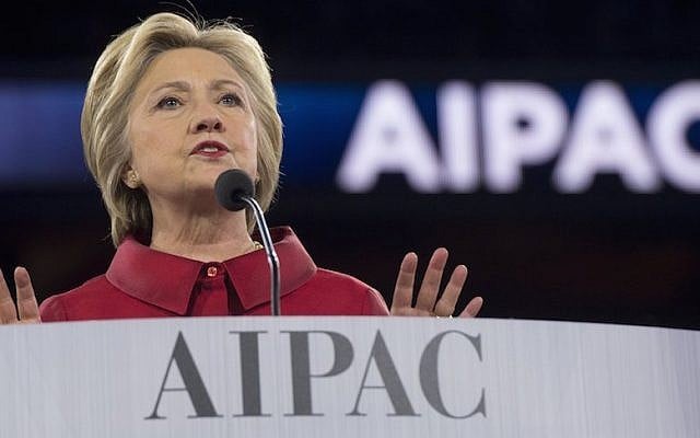 Hillary Clinton speaking at the AIPAC policy conference in Washington, D.C., March 21, 2016. (Saul Loeb/AFP/Getty Images) Hillary Clinton speaking at the AIPAC policy conference in Washington, D.C., March 21, 2016. (Saul Loeb/AFP/Getty Images)