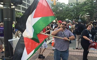 Abbas Hamideh, 41, of the Palestine Right to Return Coalition, protests Donald Trump outside the 2016 Republican National Convention in Cleveland (Eric Cortellessa/Times of Israel) Abbas Hamideh, 41, of the Palestine Right to Return Coalition, protests Donald Trump outside the 2016 Republican National Convention in Cleveland (Eric Cortellessa/Times of Israel)