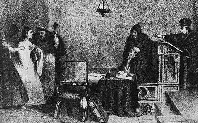 'A Hearing Before the Inquisition,' engraving by Mexican artist Constantino Escalante. (Public domain)