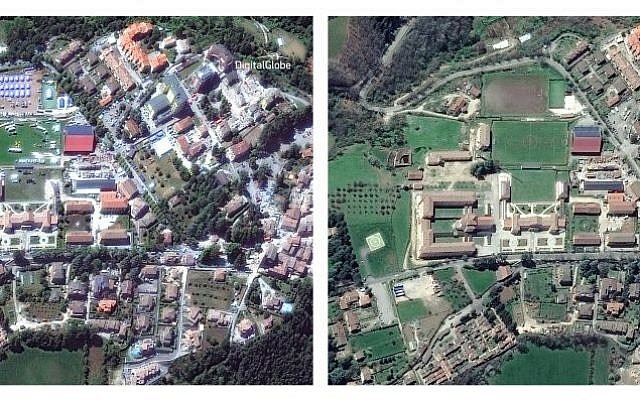 This combination of two satellite images provided by DigitalGlobe shows tents in a field, top, in Amatrice, Italy on Thursday, Aug. 25, 2016 following an earthquake, left, and April 21, 2014. (DigitalGlobe via AP)