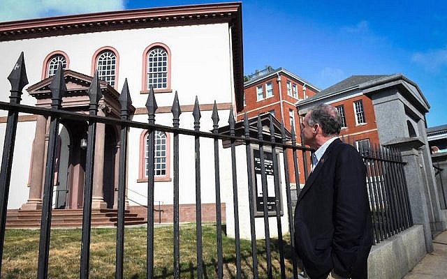 Virginia Sen. Tim Kaine, the Democratic candidate for vice president, visiting the historic Touro Synagogue in Newport, Rhode Island, Aug. 17, 2016. (Facebook via JTA) Virginia Sen. Tim Kaine, the Democratic candidate for vice president, visiting the historic Touro Synagogue in Newport, Rhode Island, Aug. 17, 2016. (Facebook via JTA)