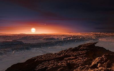 This artist rendering provided by the European Southern Observatory shows a view of the surface of the planet Proxima b orbiting the red dwarf star Proxima Centauri, the closest star to the Solar System. Photo: European Southern Observatory via AP