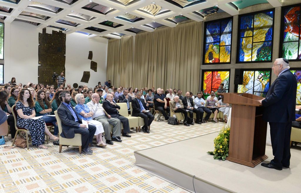 President Reuven Rivlin addresses a pluralistic study session ahead of Tisha B'Av, a Jewish day of mourning and fasting, on August 11, 2016. (Mark Neiman/GPO) President Reuven Rivlin addresses a pluralistic study session ahead of Tisha B'Av, a Jewish day of mourning and fasting, on August 11, 2016. (Mark Neiman/GPO)