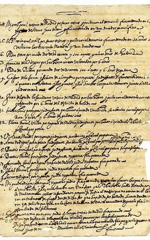 A register of blasphemers, heretics and Jews by the Holy Office of Toledo, Spain, 1632; Ink on paper. (Courtesy/ New Mexico History Museum) A register of blasphemers, heretics and Jews by the Holy Office of Toledo, Spain, 1632; Ink on paper. (Courtesy/ New Mexico History Museum)