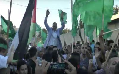 A party thrown for Sufyan Abdu, who had just been released from prison after serving a 14-year sentence for attempting to poison Israelis during the Second Intifada, in the East Jerusalem neighborhood of Jabel Mukaber on August 15, 2016. (Screen capture: YouTube)
