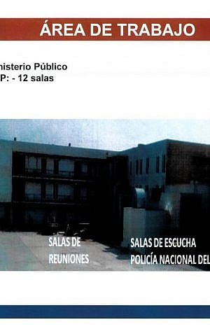 A page from a Peruvian government document dated August 2015, obtained by The Associated Press. It shows a photo of buildings in Peru's capital, Lima, where it was being installed; labels indicate offices for prosecutors, meeting rooms and "listening rooms." (AP Photo)