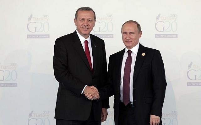 Turkish President Recep Tayyip Erdogan, left, welcomes Russian President Vladimir Putin, at the G-20 summit in Antalya, Turkey, Nov. 15, 2015. (AP Photo/Lefteris Pitarakis, file) Turkish President Recep Tayyip Erdogan, left, welcomes Russian President Vladimir Putin, at the G-20 summit in Antalya, Turkey, Nov. 15, 2015. (AP Photo/Lefteris Pitarakis, file)
