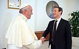 Pope Francis meets Facebook founder and CEO Mark Zuckerberg, at the Santa Marta residence, the guest house in Vatican City where the pope lives, Monday, August 29, 2016. (L'Osservatore Romano/Pool/AP)