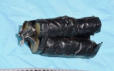 A pipe bomb allegedly built by Ali Abu Hassan, who has been accused of attempting to attack the Jerusalem light rail on July 17, 2016. (Israel Police)