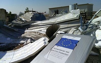 An EU-funded shelter in the Palestinian village of Umm el-Kheir, demolished by Israeli authorities on August 9, 2016 (Guy Butavia)