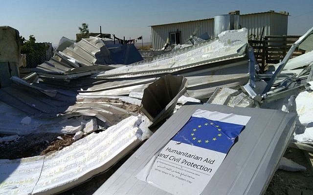 An EU-funded shelter in the Palestinian village of Umm el-Kheir, demolished by Israeli authorities on August 9, 2016. (Guy Butavia)