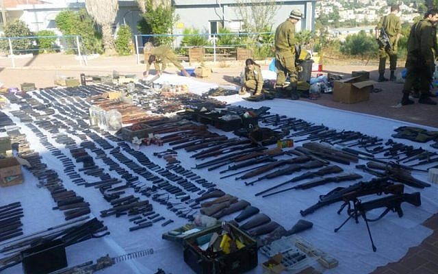Dozens of illegal weapons seized by Israeli security forces in Bethlehem and Hebron on August 23, 2016, as part of a large crackdown effort on illicit guns in the West Bank. (Israel Police)