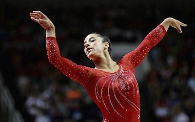 Aly Raisman competes in the floor exercise during Day 2 of the 2016 US Women’s Gymnastics Olympic Trials at SAP Center on July 10, 2016 in San Jose, California. (Photo by Ezra Shaw/Getty Images via JTA)