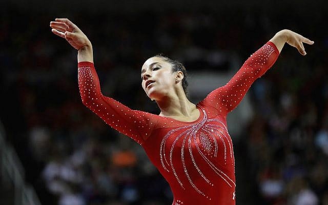 Aly Raisman competes in the floor exercise during Day 2 of the 2016 US Women’s Gymnastics Olympic Trials at SAP Center on July 10, 2016 in San Jose, California. (Photo by Ezra Shaw/Getty Images via JTA)