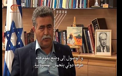 Former defense minister Amir Peretz interviewed for Hezbollah's Al-Mayadeen TV (YouTube screenshot)