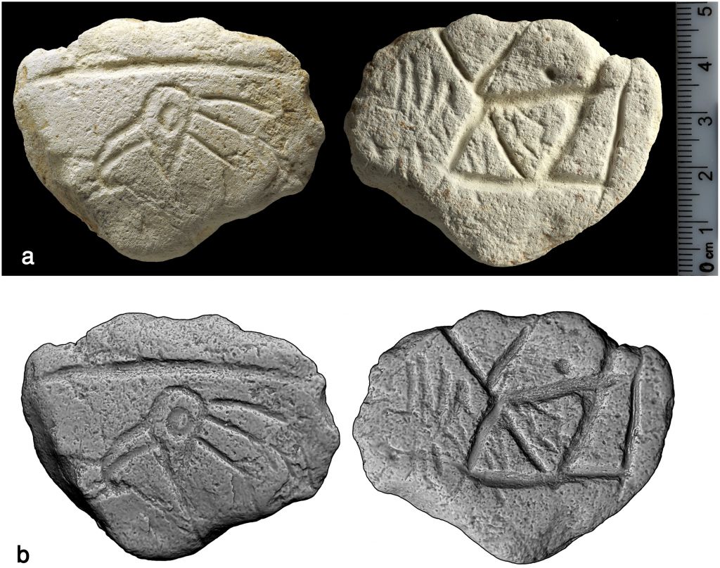 A 16,500-year-old limestone palette engraved with a bird's head found at Ein Qashish in northern Israel. ( PHOTO CREDIT!?) A 16,500-year-old limestone palette engraved with a bird's head found at Ein Qashish in northern Israel. ( CC BY, PLoS ONE; A Unique Assemblage of Engraved Plaquettes from Ein Qashish South, Jezreel Valley, Israel: Figurative and Non-Figurative Symbols of Late Pleistocene Hunters-Gatherers in the Levant)
