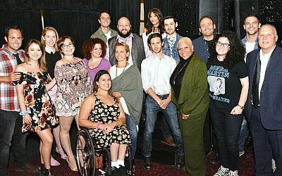 The cast and crew of “Donna Martin Graduates,” including Lizzie Leader and Kat Spada, third and fourth from left, Gabrielle Carteris, seventh from left, and Denise Dowse, fifth from right. Lindsay Rosin is third from right. (Courtesy of Abel Armas via JTA)