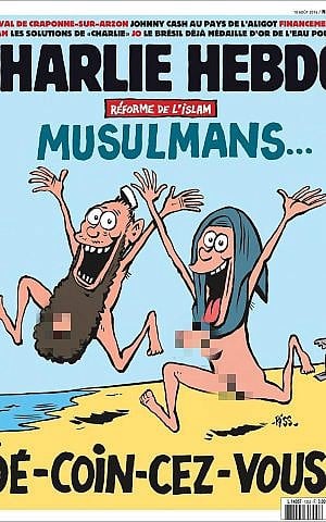 Charlie Hebdo's August 10, 2016 edition depicting a naked bearded Muslim man and a veiled woman running at the beach. (Facebook/Charlie Hebdo)