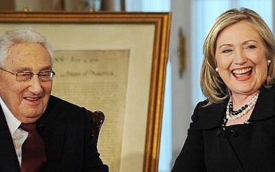 US Secretary of State Hillary Clinton and former US Secretary of State Henry Kissinger at the Department of State in Washington, DC, on April 20, 2011 (JEWEL SAMAD/AFP/Getty Images via JTA)