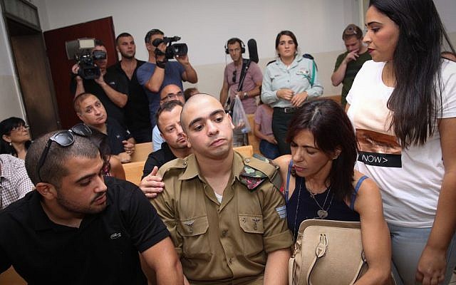 Elor Azaria at a court hearing at a military court in Jaffa, August 28, 2016. (Miriam Alster/Flash90)