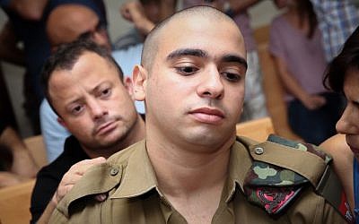Elor Azaria at a court hearing at a military court in Jaffa, August 28, 2016 (Miriam Alster/Flash90)