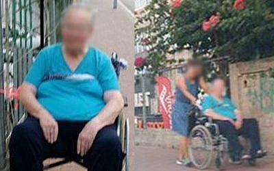 An elderly woman was tied in her wheelchair to a fence outside a Ramat Gan shopping mall for some 40 minutes, on August 2, 2016, sparking a police investigation after a passerby snapped a picture. (Channel 2)